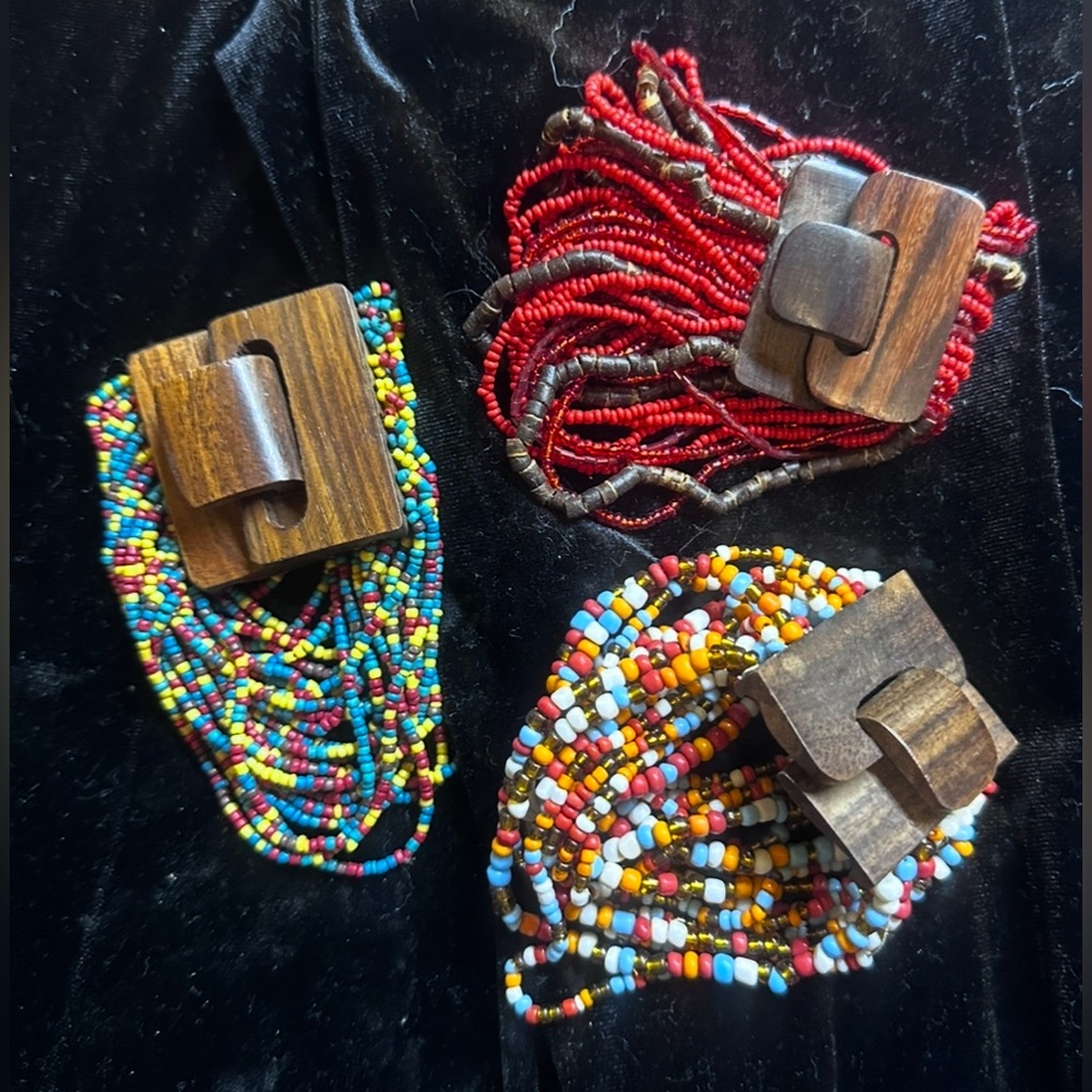 #JC74 Multicolor Beaded Bracelets with Wooden Clasp Set of 3